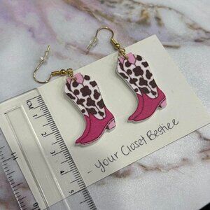 Pink and black cow print cowboy boot earrings - NEW handmade acrylic 2D earrings
